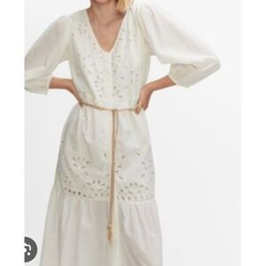 MANGO Women sz 4 Boho Peasant Openwork shirtdress tiered jute belt cottage core